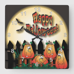 Halloween Pumpkins sitzen auf einem Zaun Quadratische Wanduhr