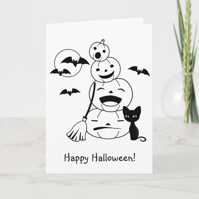 Halloween Pumpkins und Black Cat Doodle Color Me Karte (Vorderseite)