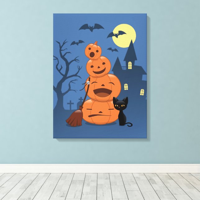 Halloween Pumpkins und Black Cat Leinwanddruck (Insitu (Holzboden))