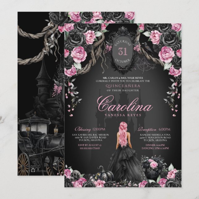 Halloween Quinceañera Black Pink Gothic Princess Einladung (Vorne/Hinten)