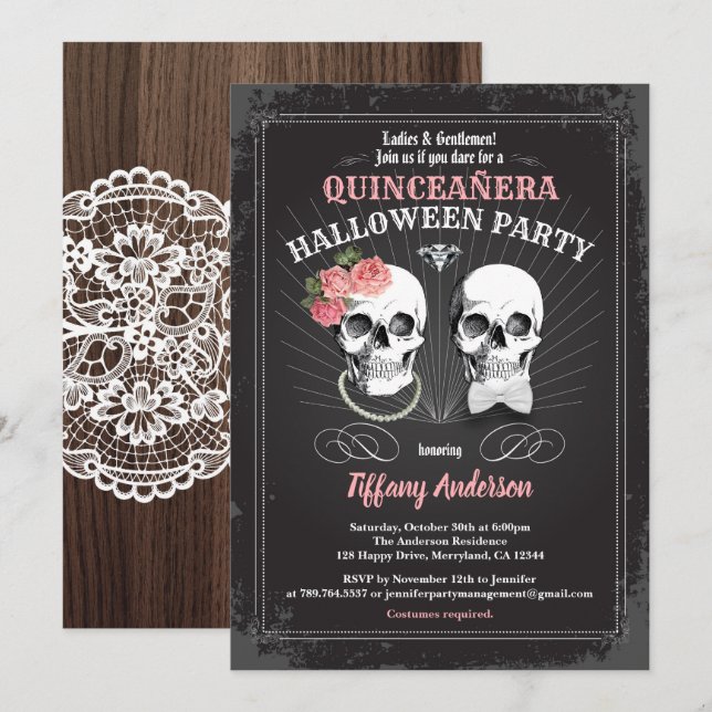 Halloween Quinceañera Geburtstagsparty schwarz pin Einladung (Vorne/Hinten)