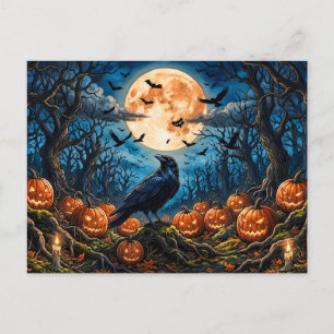 Halloween-Rabe, Kürbisse und Vollmond  Postkarte