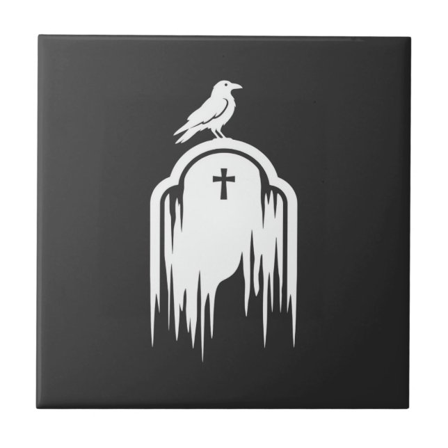 Halloween-Raben-Grabstein-Silhouette-Design Fliese (Vorderseite)