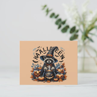 Halloween Raccoon Witch with Pumpkin Cauldron Feiertagspostkarte