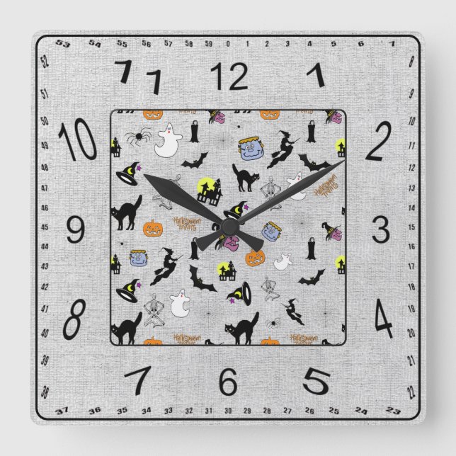 Halloween Random Iconic Muster grau texturiert Quadratische Wanduhr (Vorderseite)
