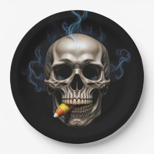 Halloween rauchender Totenkopf beißt Candy Corn Pappteller