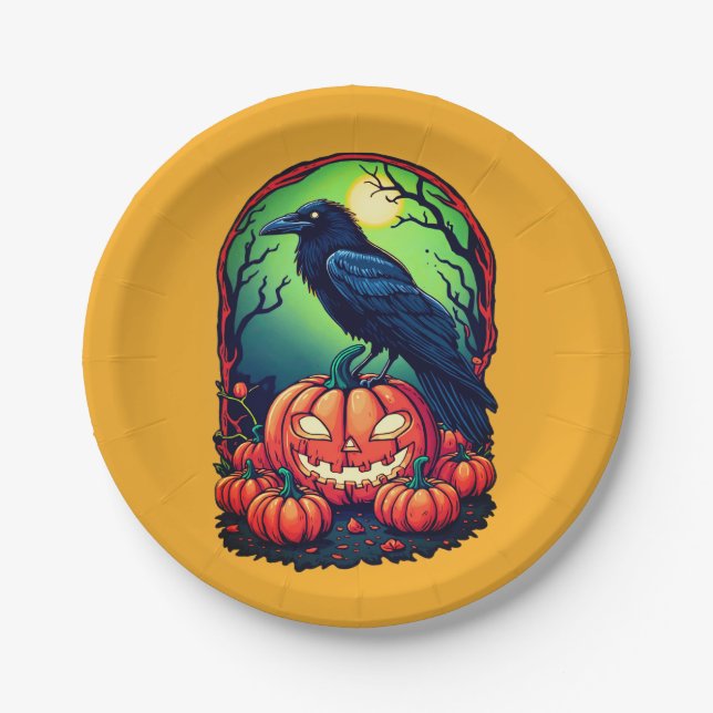 Halloween Raven in einem Kürbis Pappteller (Vorderseite)