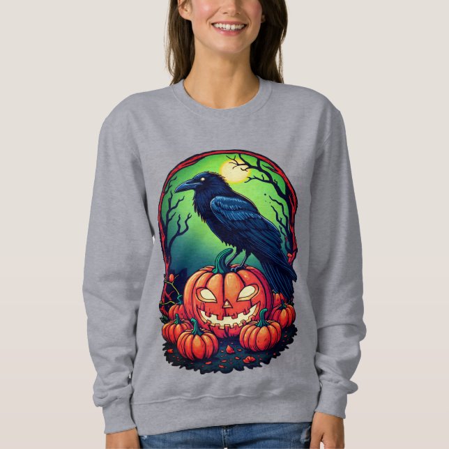 Halloween Raven in einem Kürbis Sweatshirt (Vorderseite)