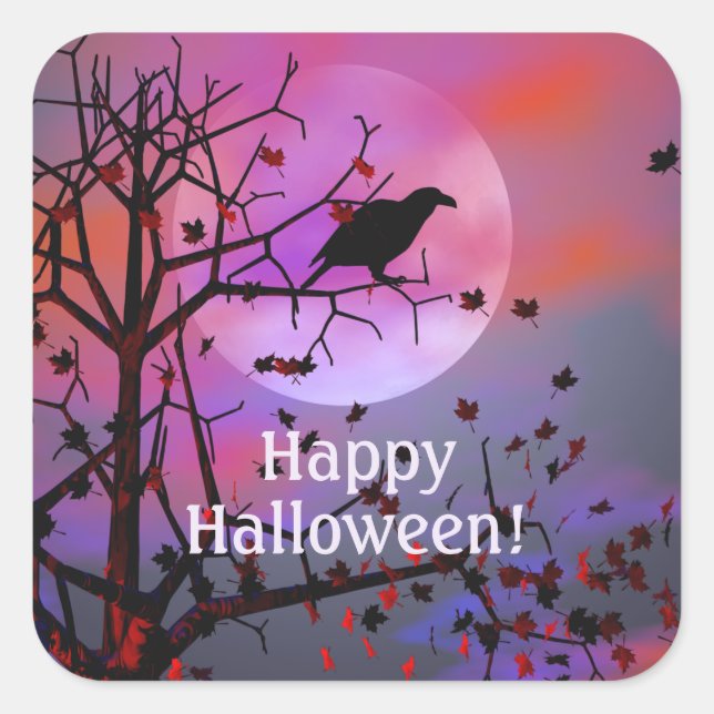 Halloween Raven Night Quadratischer Aufkleber (Vorderseite)