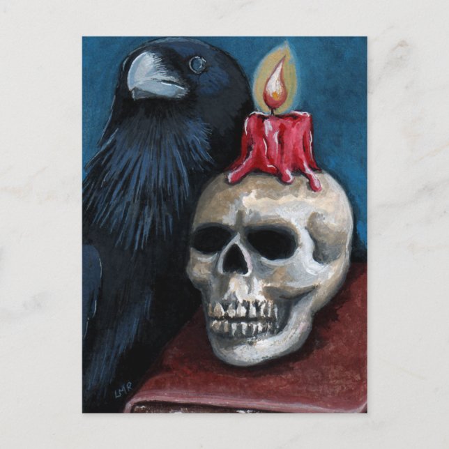 Halloween Raven, Skull & Candle Malerei Postkarte (Vorderseite)