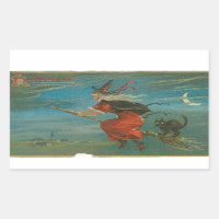 Halloween Red Hexe auf Broom Black Cat Vintag