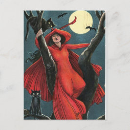 Halloween Red Hexe & Black Cat Vintag Feiertagspostkarte