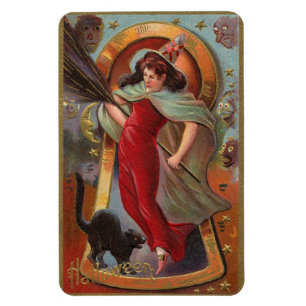 Halloween Red Hexe & Black Cat Vintag Magnet