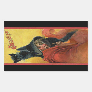Halloween Red Hexe & Black Cat Vintag Rechteckiger Aufkleber