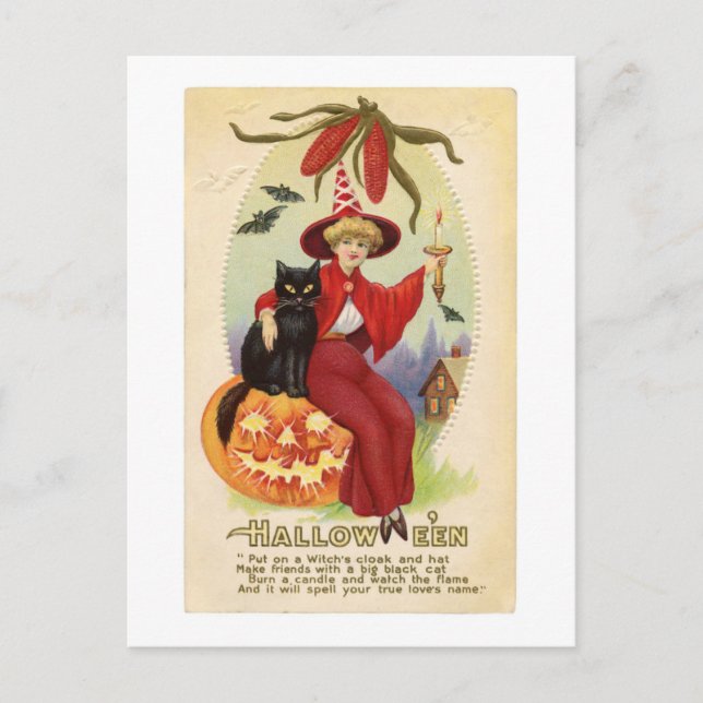 Hallowe'en Red Hexe und Black Cat Vintag Postkarte (Vorderseite)