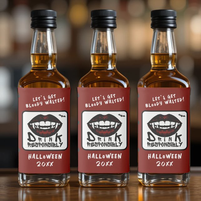Halloween Red Lips Vampire Fangs Drink verantwortu Alkoholflaschenetikett (Halloween Red Lips Vampire Fangs Drink Responsibly Liquor Bottle Label
)