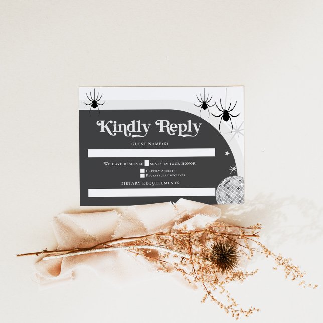 Halloween Retro Disco Spiders & Disco Ball Wedding RSVP Karte (Von Creator hochgeladen)