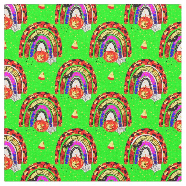 Halloween Retro Leopard Rainbow Pumpkin auf Green Stoff (Nahaufnahme)