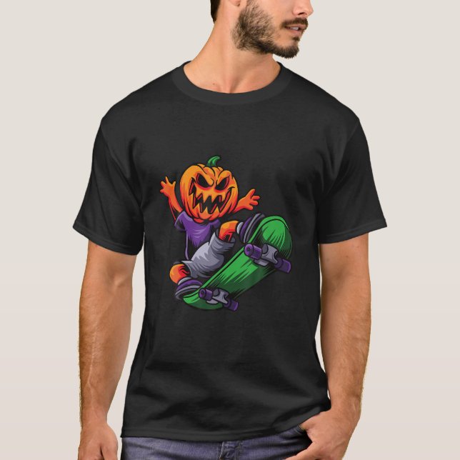 Halloween Retro Sunset Party Pumpkin Skateboarding T-Shirt (Vorderseite)