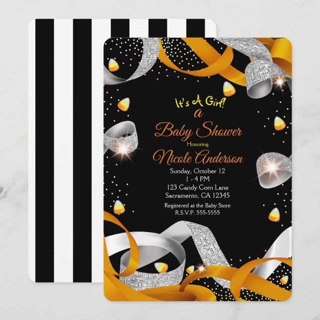 Halloween Ribbon & Candy Corn Babydusche Einladung (Vorne/Hinten)