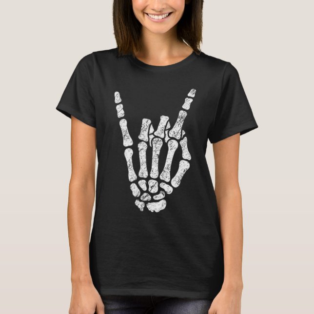 Halloween Rock Hand Skeleton Rock'n'Roll Symb T-Shirt (Vorderseite)