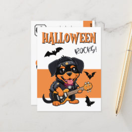 Halloween Rocks Rottweiler Cartoon Gitarre spielen Postkarte
