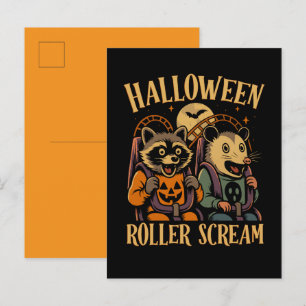 Halloween Roller Scream Waschbär und Opossum Einladungspostkarte