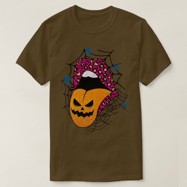 Halloween Rosa Lips Leopard Pattern Pumpkin T-Shirt (Design vorne)