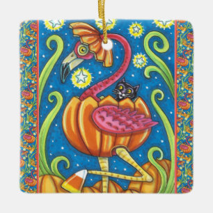 HALLOWEEN ROSAFARBIGER FLAMINGO & SCHWARZE KATZE I KERAMIKORNAMENT