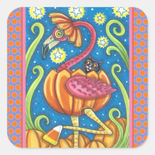 HALLOWEEN ROSAFARBIGER FLAMINGO & SCHWARZE KATZE I QUADRATISCHER AUFKLEBER