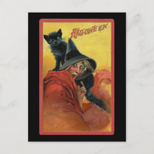 Halloween rote Hexe & schwarze Katze Vintage Postkarte