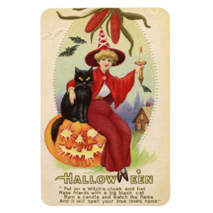 Halloween rote Hexe und schwarze Katze Vintage Magnet