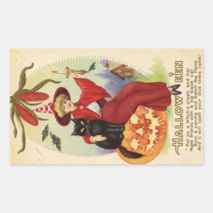 Halloween rote Hexe und schwarze Katze Vintage Rechteckiger Aufkleber