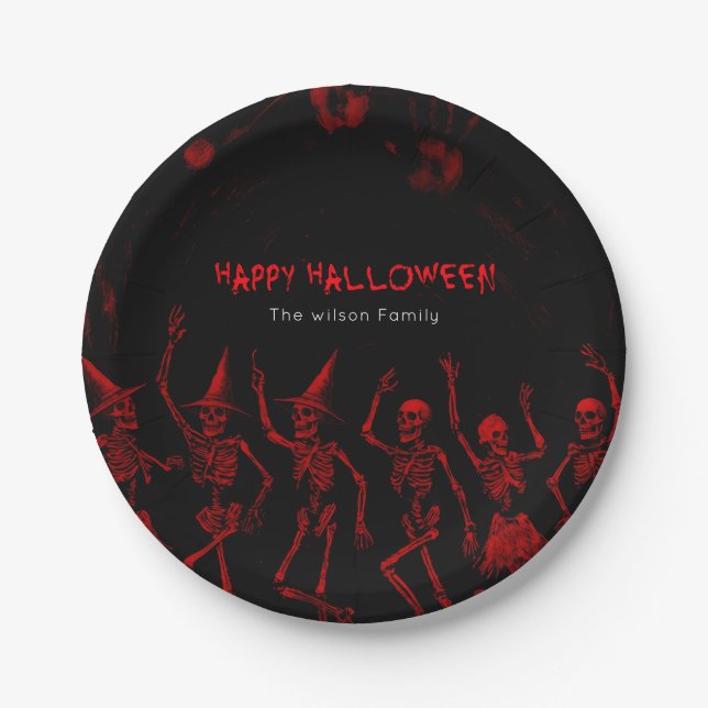 Halloween rote Skelette  Pappteller (Vorderseite)