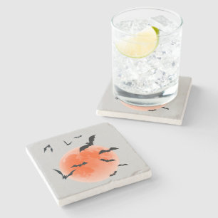 Halloween Roter Mond und Schwarze Fledermäuse Steinuntersetzer