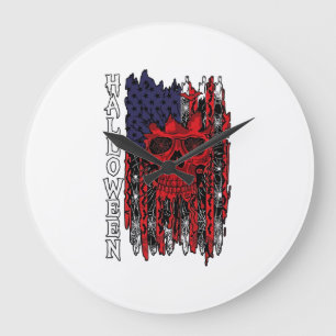 Halloween roter Totenkopf Amerikanische Flagge Spi Große Wanduhr