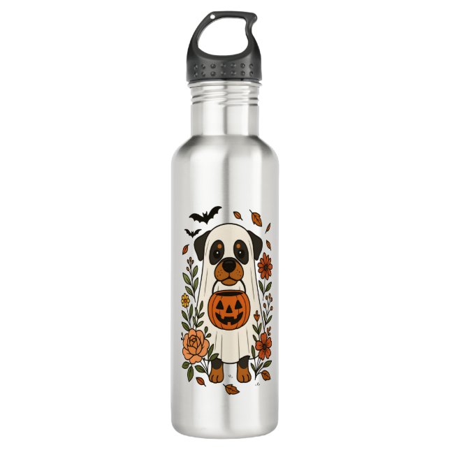 Halloween Rottweiler mit Blume Edelstahlflasche (Vorderseite)