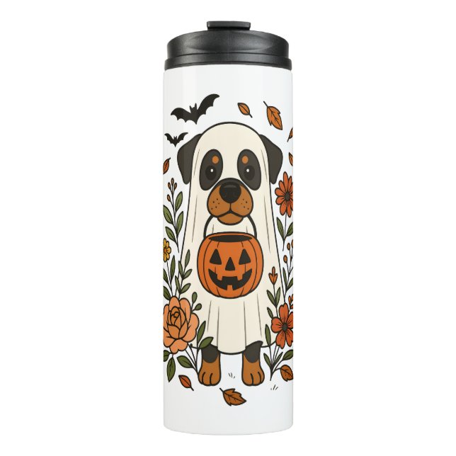 Halloween Rottweiler mit Blume Thermosbecher (Vorderseite)