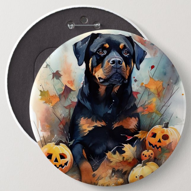 Halloween Rottweiler mit Pumpkins Beängstigend Button (Vorne & Hinten)