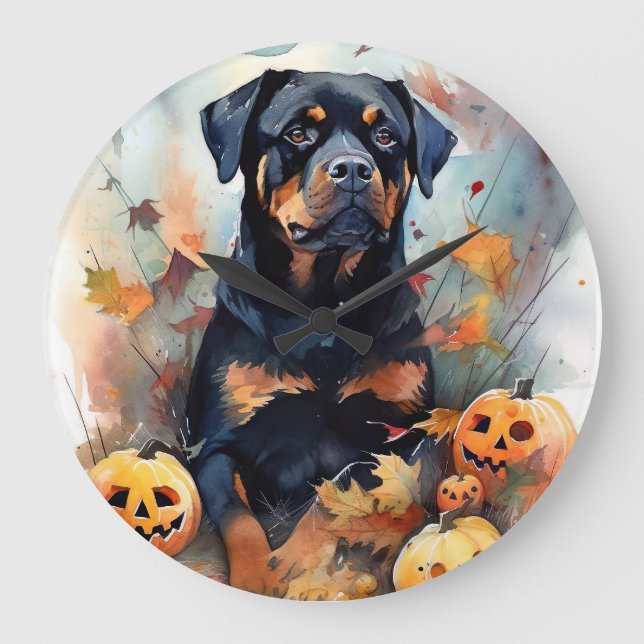 Halloween Rottweiler mit Pumpkins Beängstigend Große Wanduhr (Vorderseite)