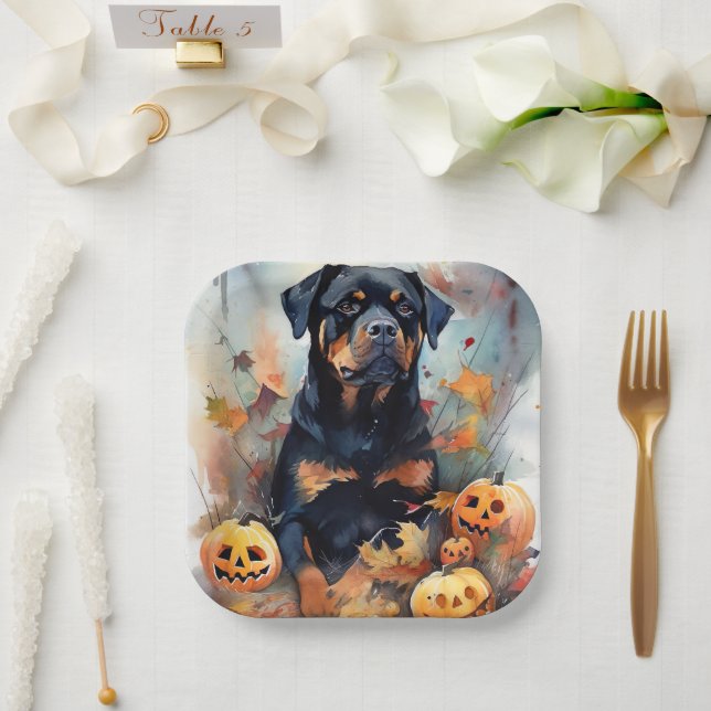 Halloween Rottweiler mit Pumpkins Beängstigend Pappteller (Hochzeit)