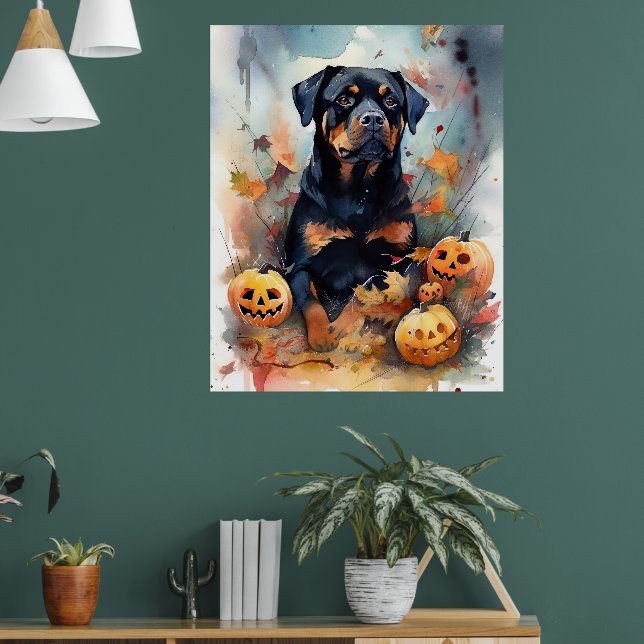 Halloween Rottweiler mit Pumpkins Beängstigend Poster (Wohnzimmer 1)