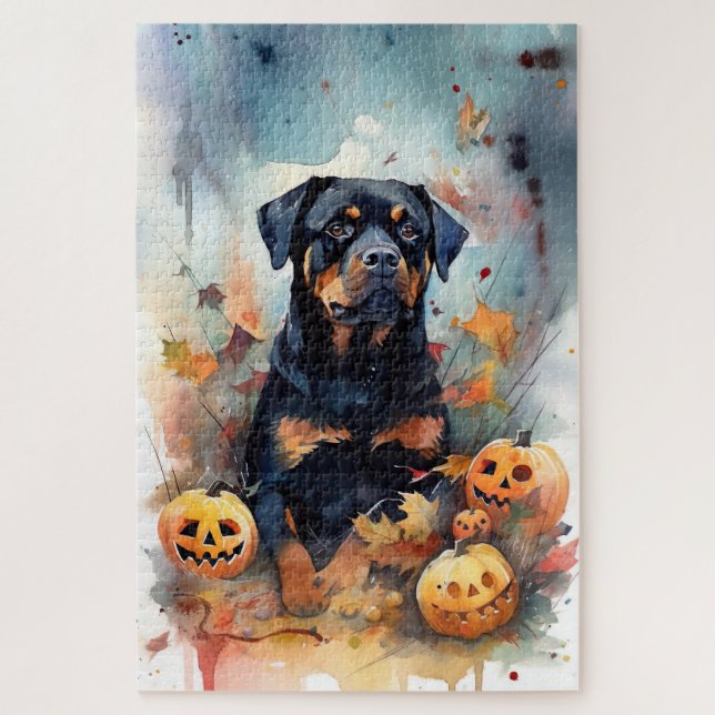 Halloween Rottweiler mit Pumpkins Beängstigend Puzzle (Vertikal)