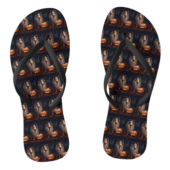 Halloween Rough Collie mit Pumpkins Beängstigend Flip Flops (Fußbett)