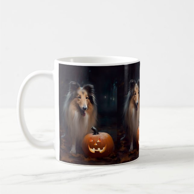 Halloween Rough Collie mit Pumpkins Beängstigend Kaffeetasse (Links)