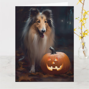 Halloween Rough Collie mit Pumpkins Beängstigend Karte