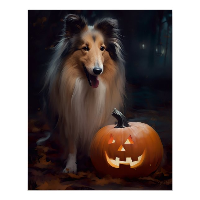 Halloween Rough Collie mit Pumpkins Beängstigend Poster (Vorderseite)