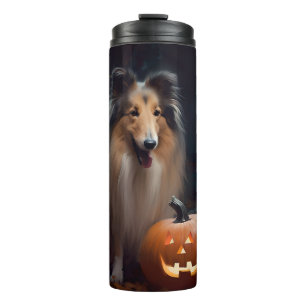 Halloween Rough Collie mit Pumpkins Beängstigend Thermosbecher