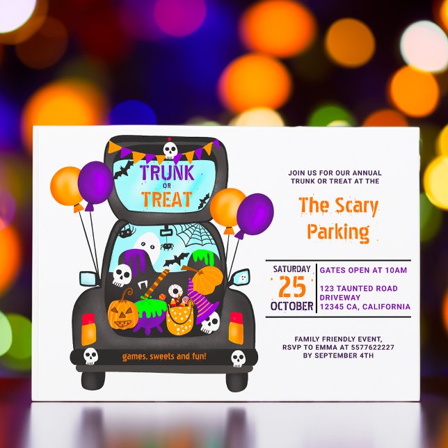Halloween-Rumpf oder Trickkarosserie-Party Einladung (Halloween trunk or trick car illustration party invitation)
