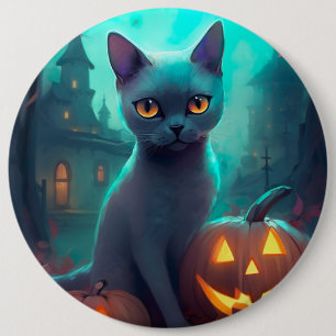 Halloween Russian Blue Cat mit Pumpkins Beängstige Button